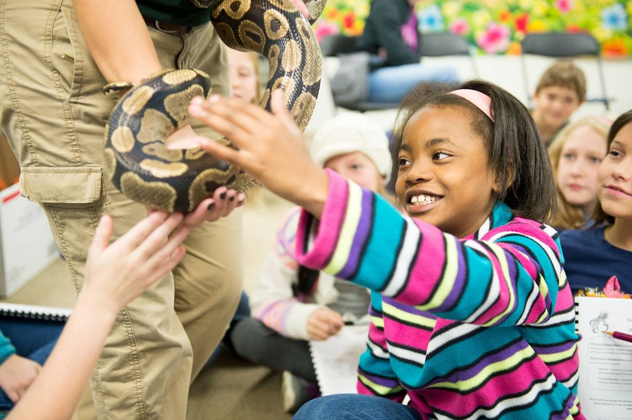 girl happily touching snake